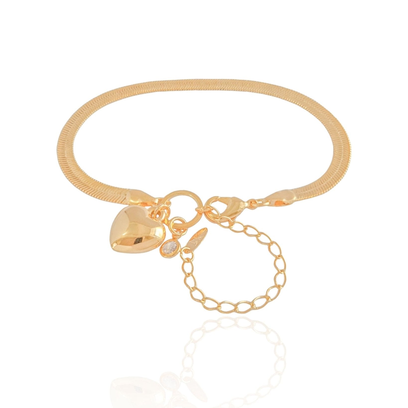 Gold plated herringbone bracelet with heart charm and chain extender – Priscila by Luiza Jewelry