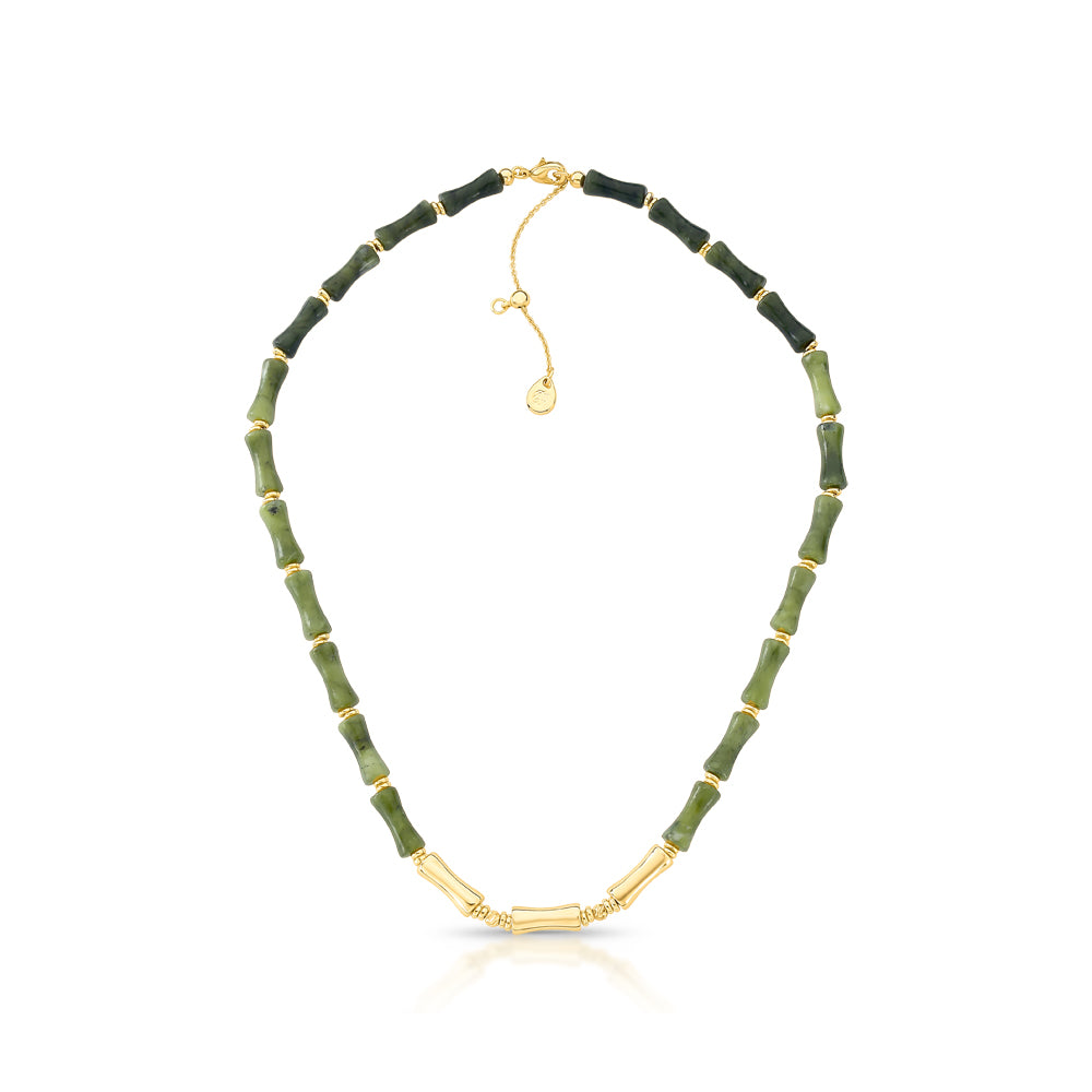 Green jade necklace with bamboo-inspired gold details