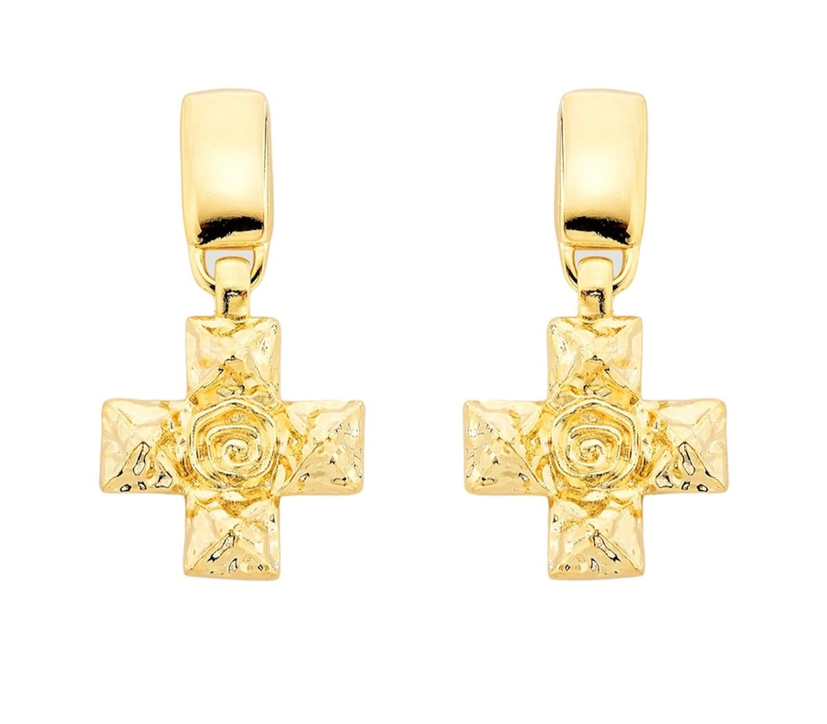 Gold drop earrings with textured cross and central rose detail – 5 cm length