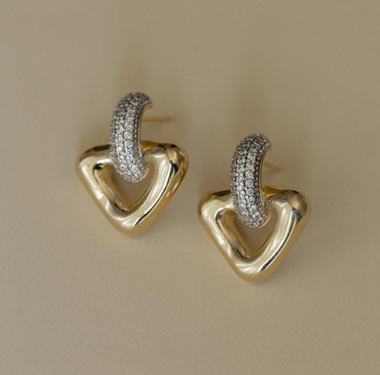 Silvia pavé heart earring in gold and silver mixed metal statement jewelry by Luiza Jewelry