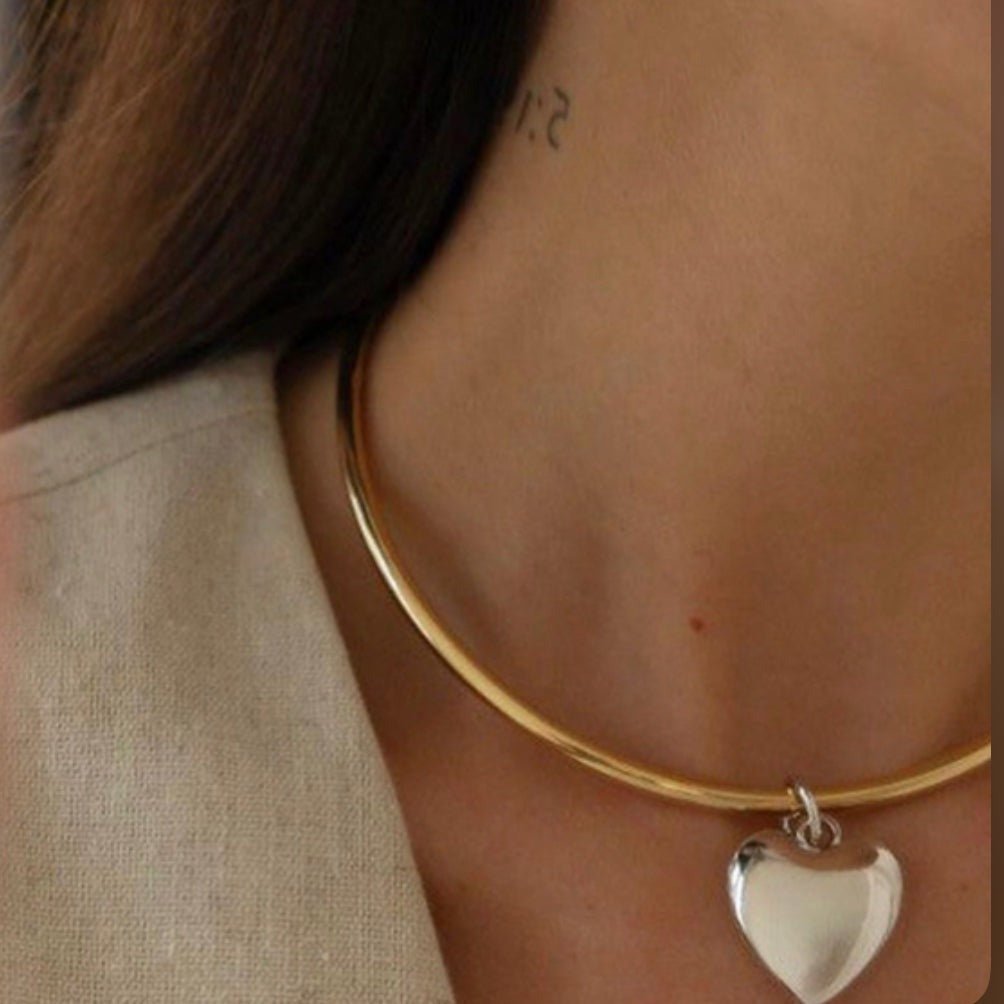 Gold choker necklace with silver heart pendant – Karen Duo Necklace from Luiza Jewelry