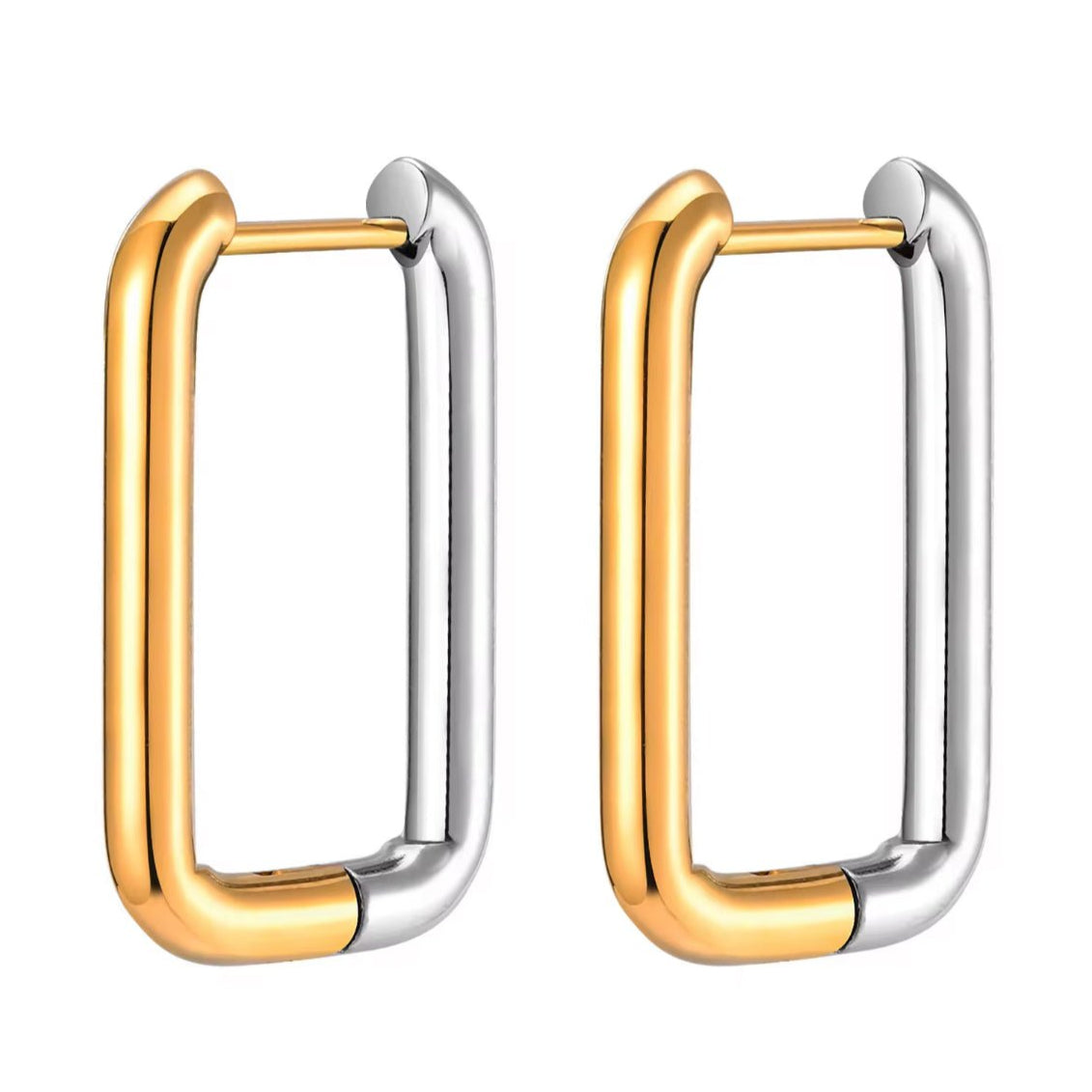 Demi rectangular duo earring in gold and silver minimal mixed metal hoop by Luiza Jewelry