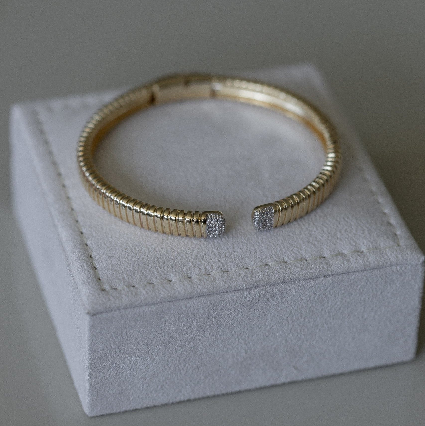 Gold flexible bangle with cubic zirconia pavé detail
Sophie - Luiza Jewelry