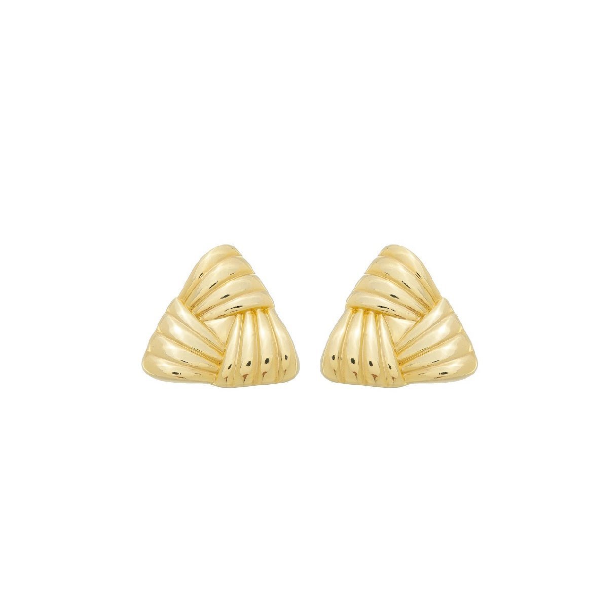 Iris gold earrings with textured triangle design, bold and elegant