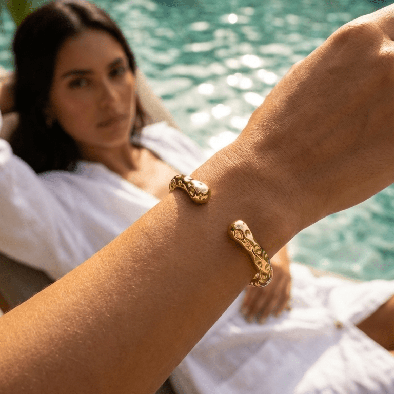 Raw Sculptural Gold Textured Cuff Bracelet - Luiza Jewelry