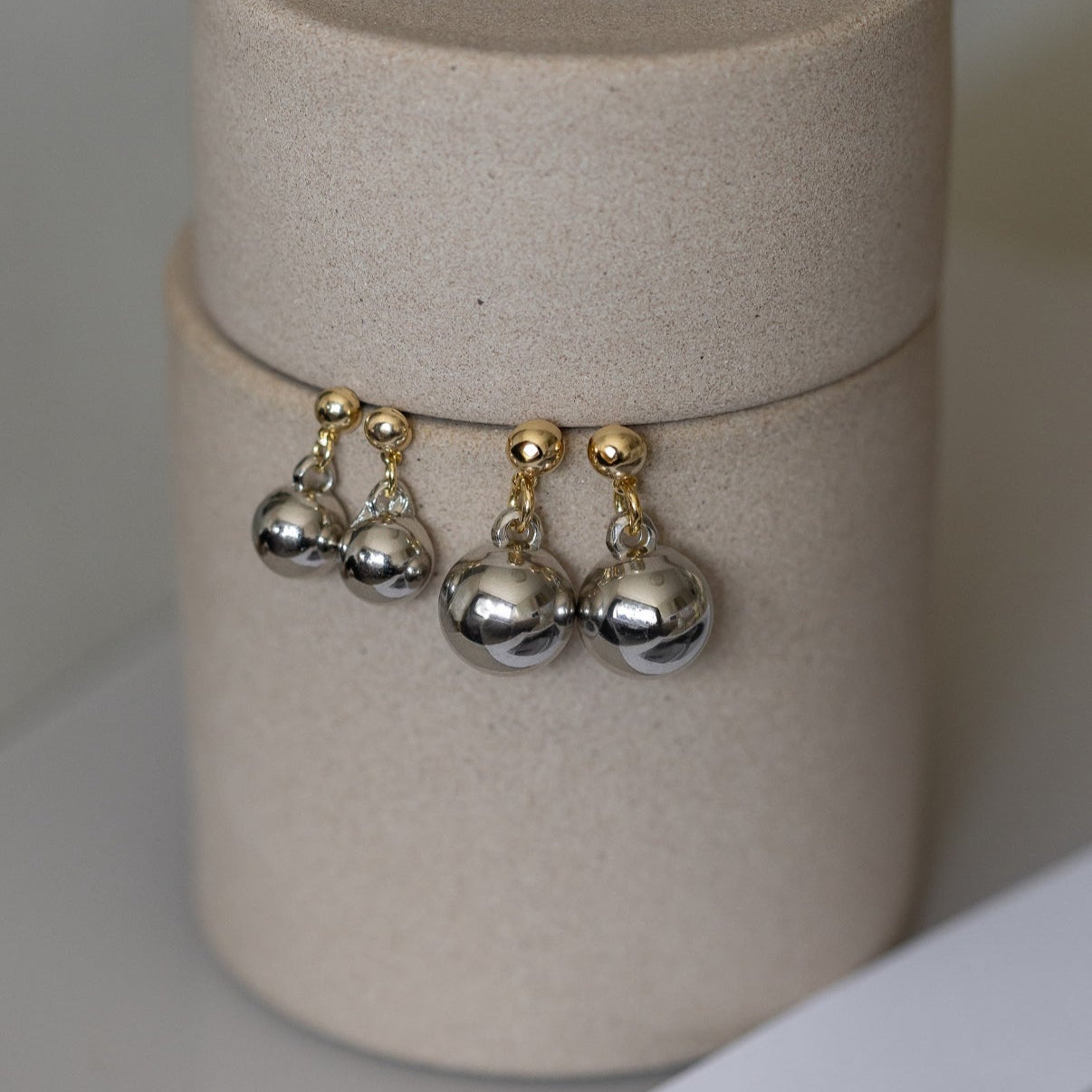Gold and silver sphere drop earrings in two sizes, 18k gold plated and rhodium
