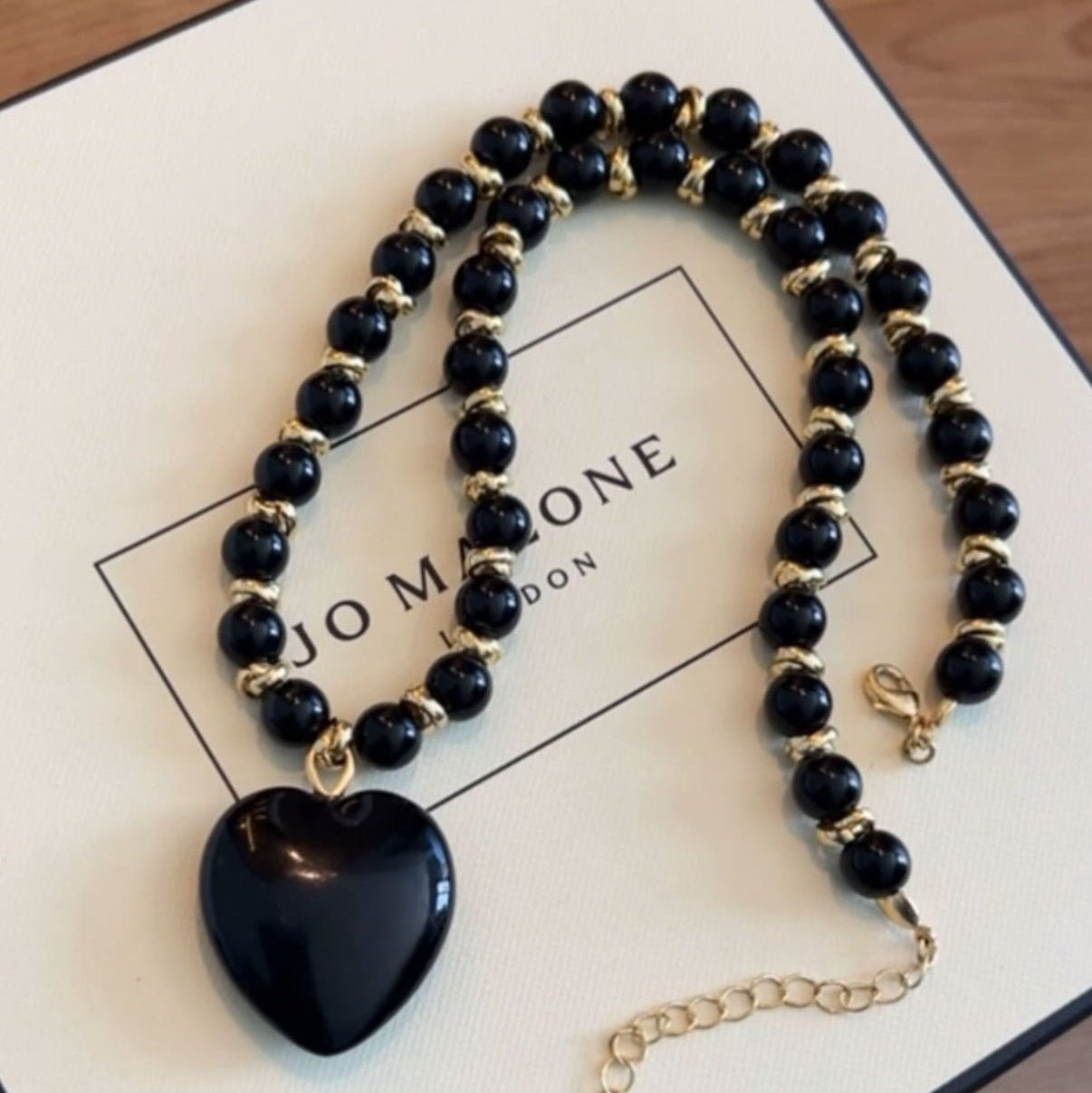 Jordana - Black Bead Necklace with Heart Pendant - Luiza Jewelry