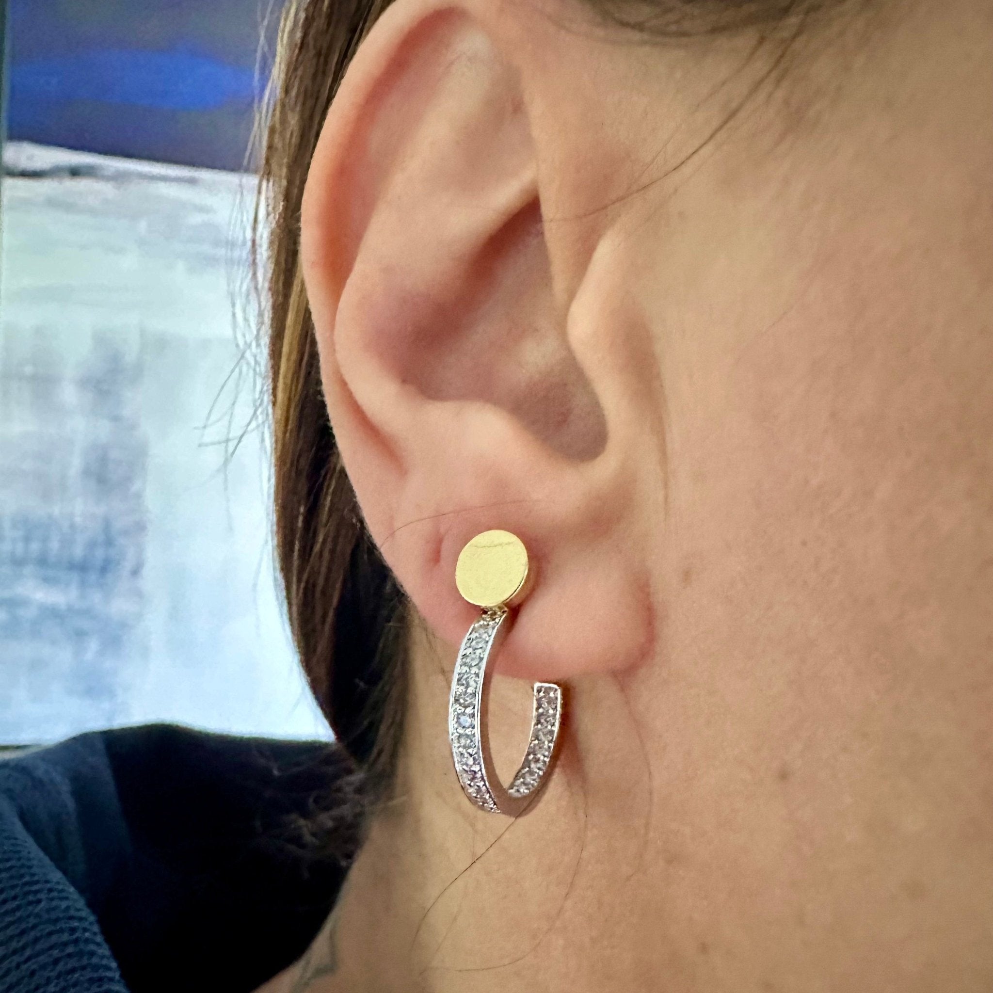elena mixed metal earring with gold stud and silver zirconia half-hoop