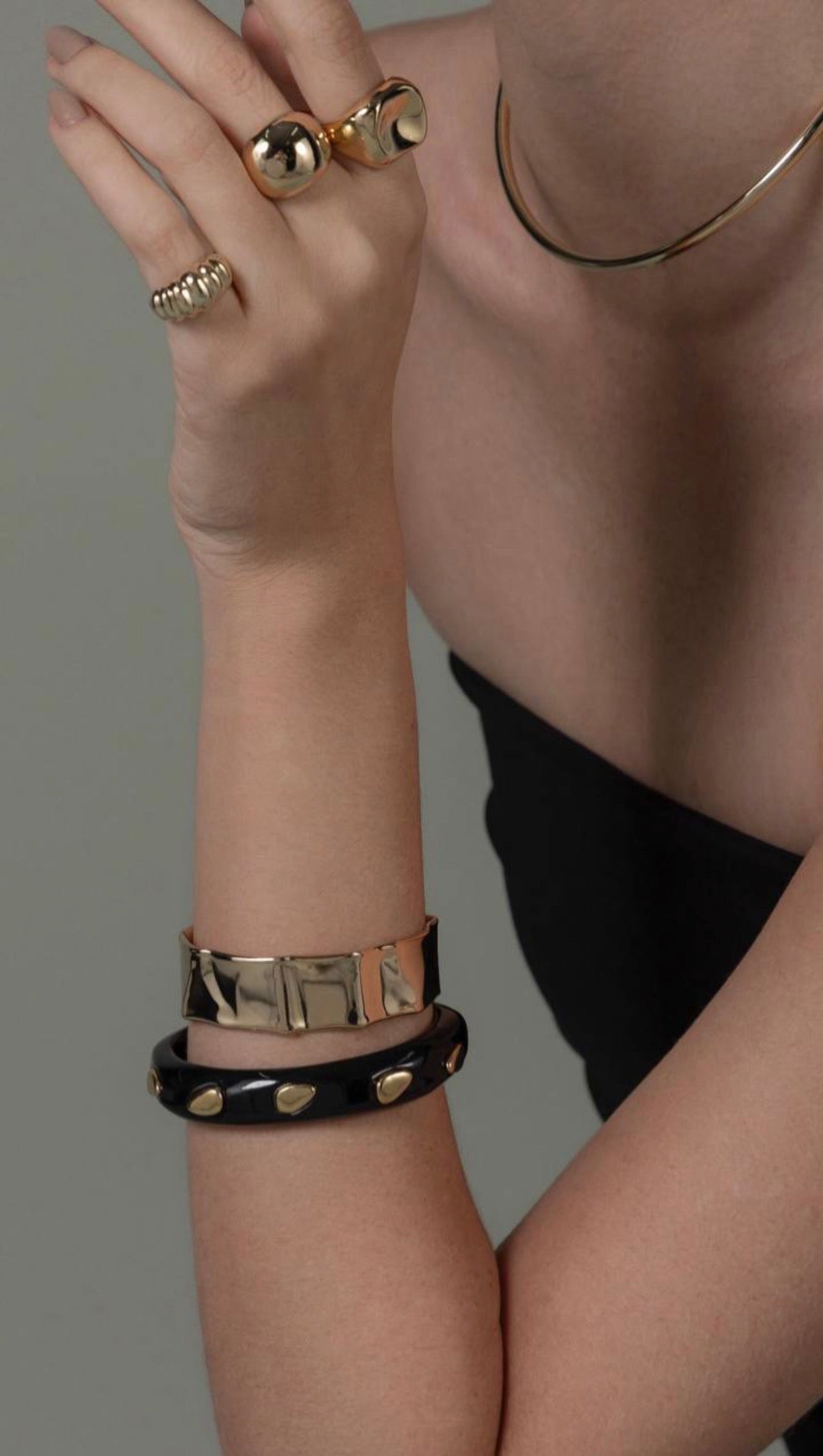 Jodie - Black Enamel Cuff with Gold Drops - Luiza Jewelry