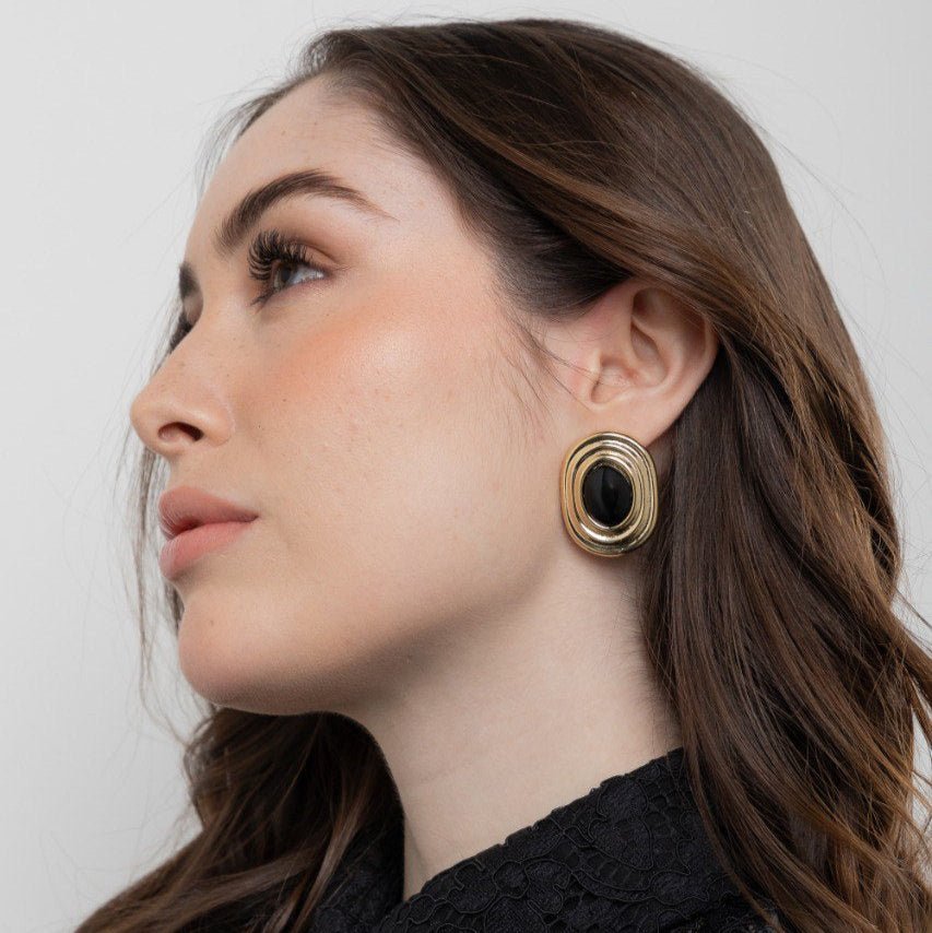 Paris Earring in black resin with 18k gold plated frame – worn view – Luiza Jewelry