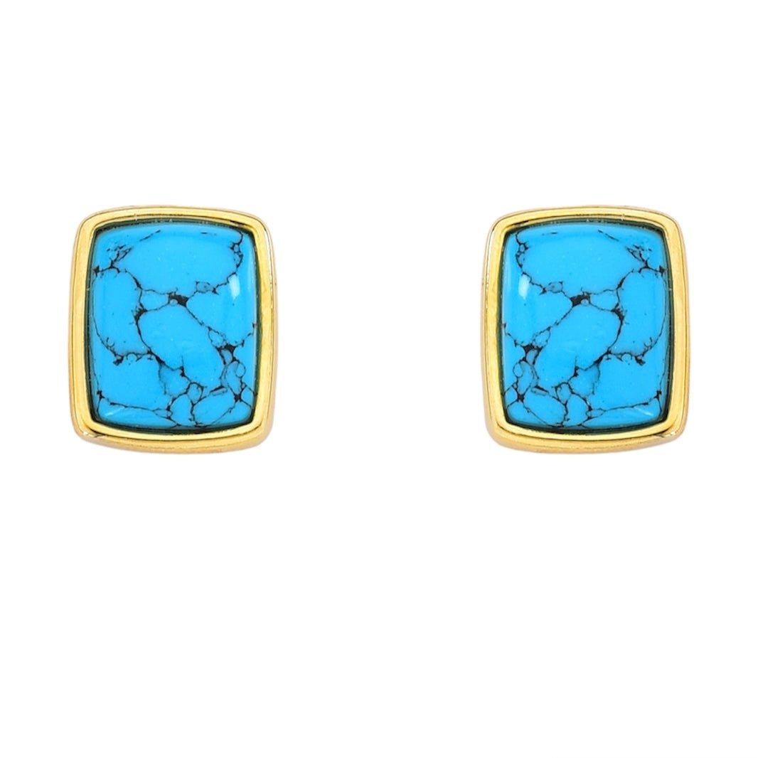 Gold-plated turquoise stud earrings with rectangular natural stone – 7 mm x 8.7 mm