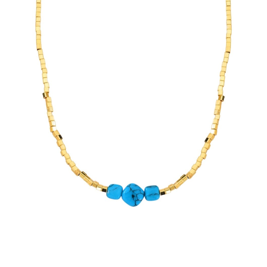 Gold beaded necklace with turquoise stones – Emily Necklace by Luiza Jewelry