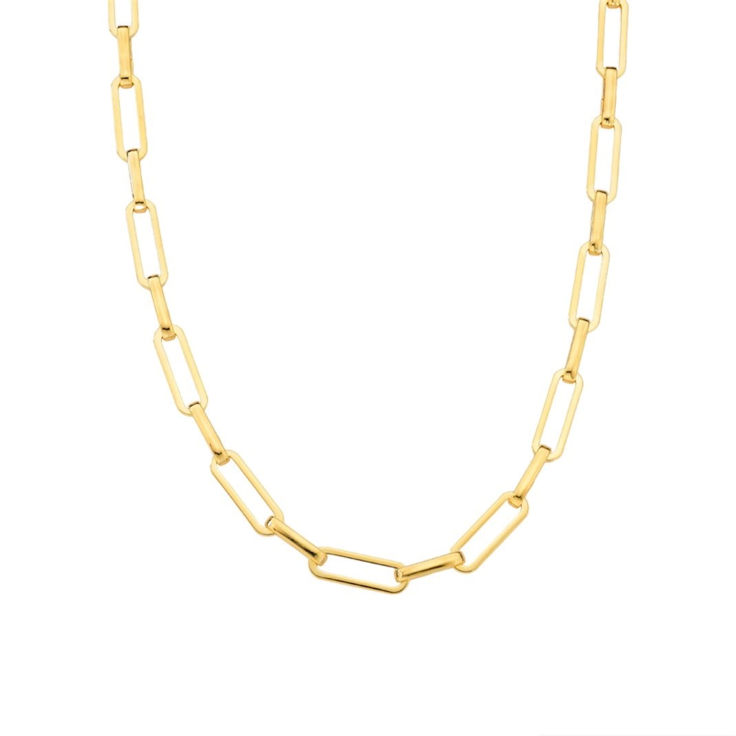 Gold plated paperclip chain necklace on white background