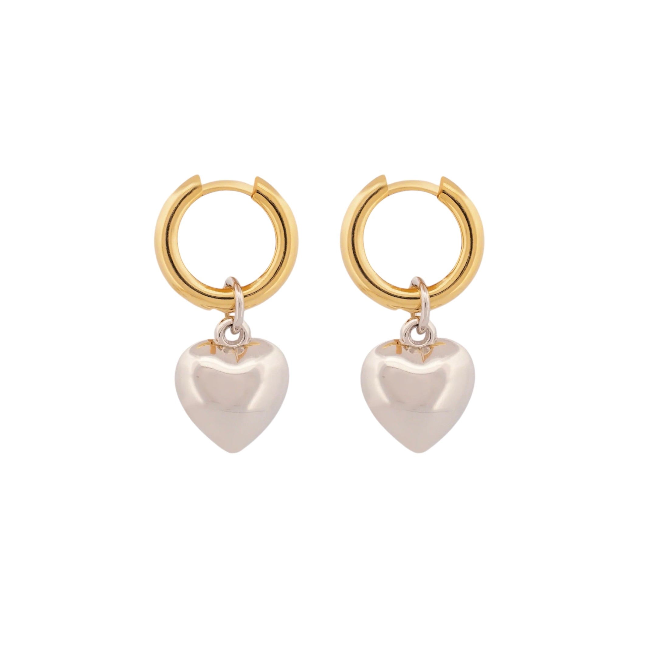 Eloisa gold hoop earring with silver heart charm – two-in-one mixed metal jewelry
