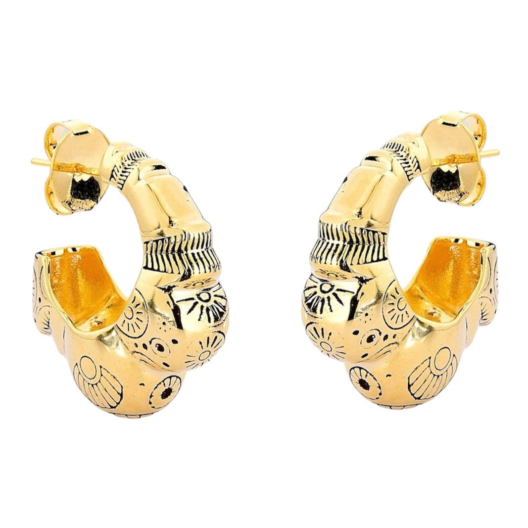 gold-plated hoop earrings with engraved sun and moon symbols – 2.3 cm