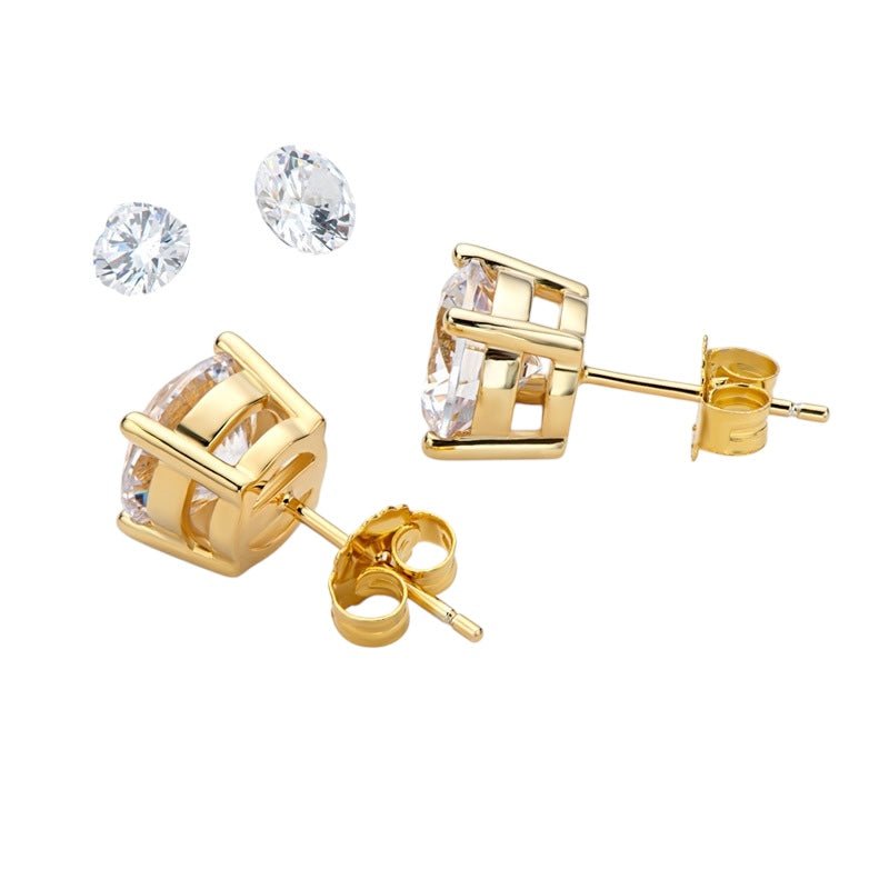 Moissanite stud earrings with 1-carat stone and 18k gold-plated sterling silver setting – Kathy earrings by Luiza Jewelry