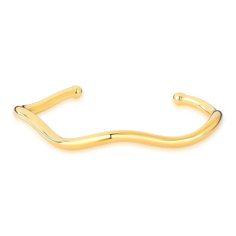 Daisy gold cuff bracelet with wavy design, minimalist 18k gold plated bangle