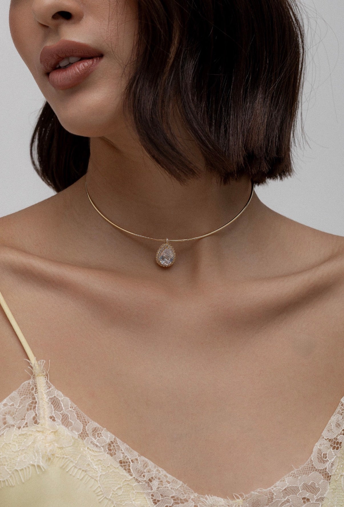 Anika Gold Choker Necklace with Teardrop Zircon Pendant - Luiza Jewelry