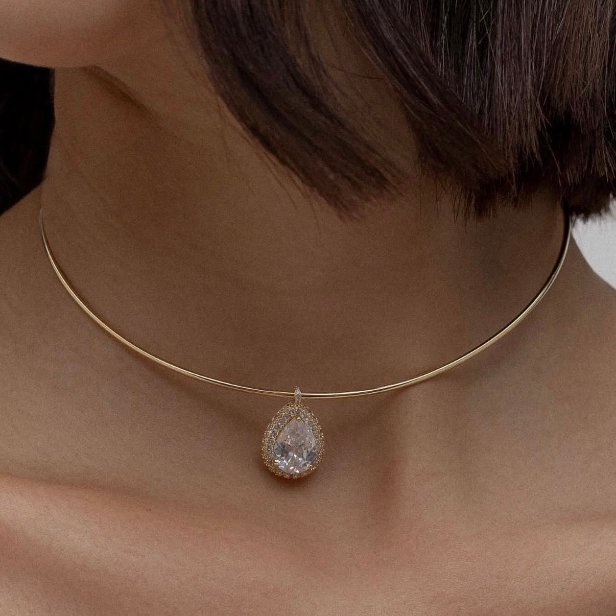 Anika Gold Choker Necklace with Teardrop Zircon Pendant - Luiza Jewelry