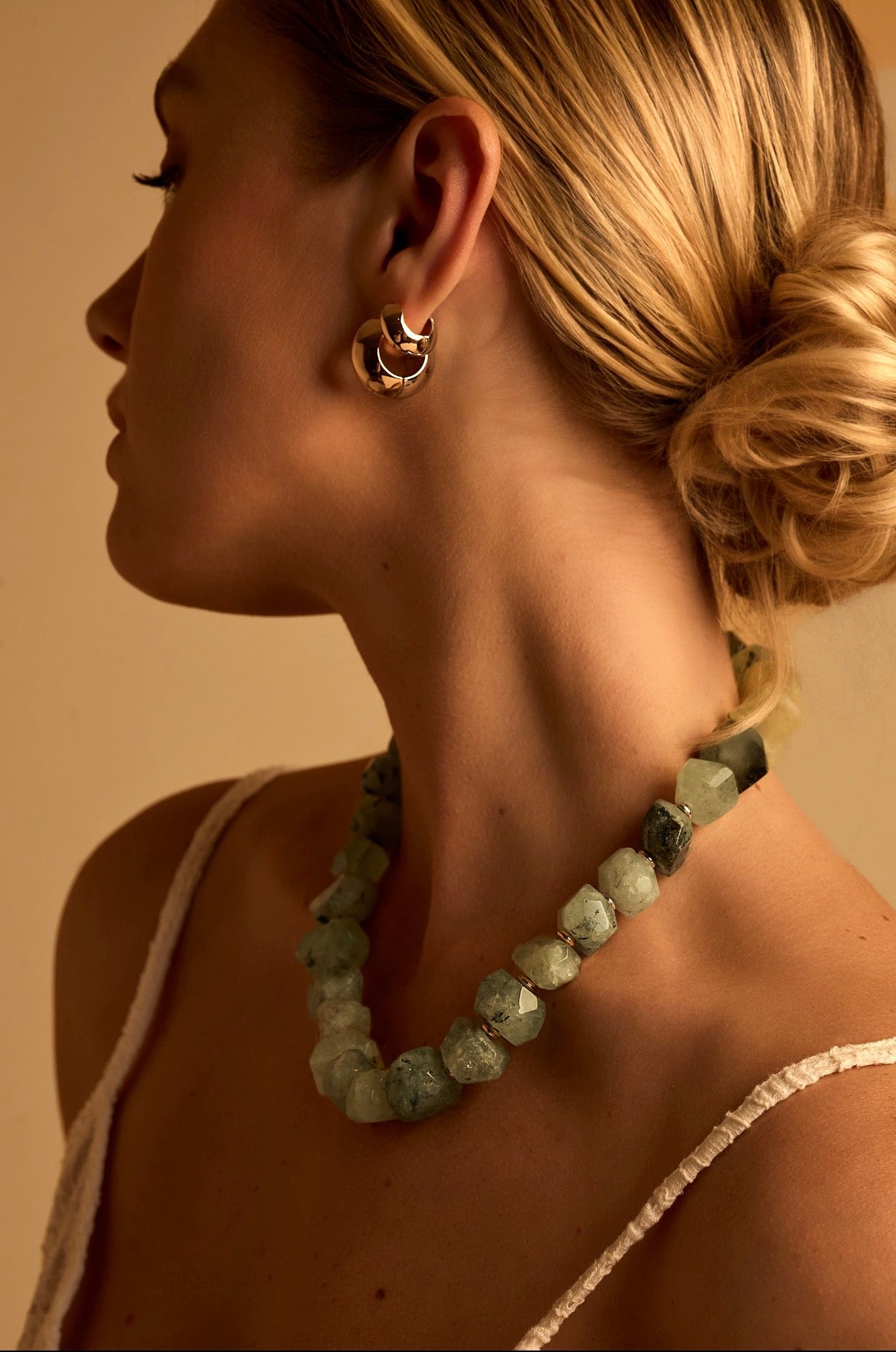 Natural green quartz gemstone necklace with gold accents