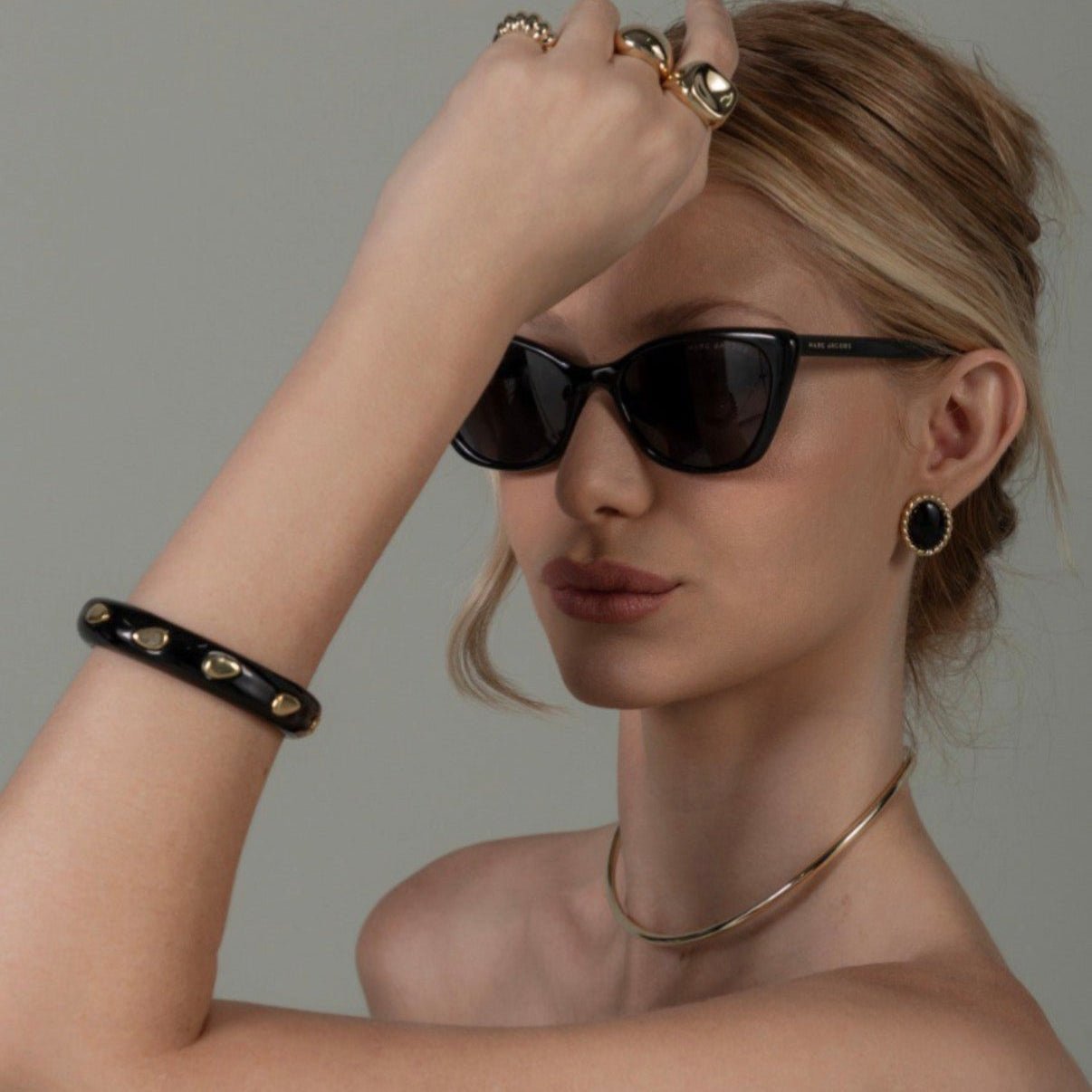 Jodie - Black Enamel Cuff with Gold Drops - Luiza Jewelry