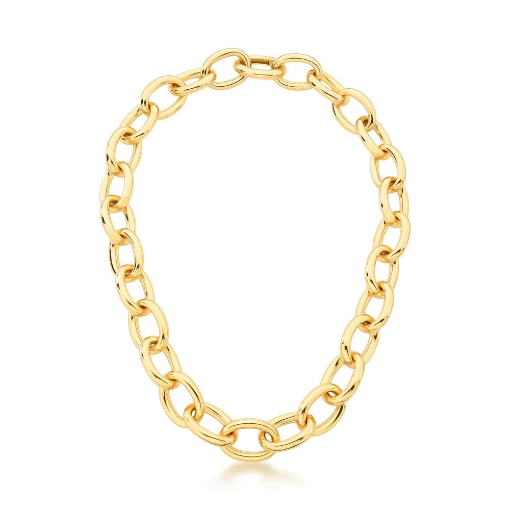 Bold 18k gold plated chain necklace – Lola by Luiza Jewelry.Polished gold oval link necklace with hidden clasp